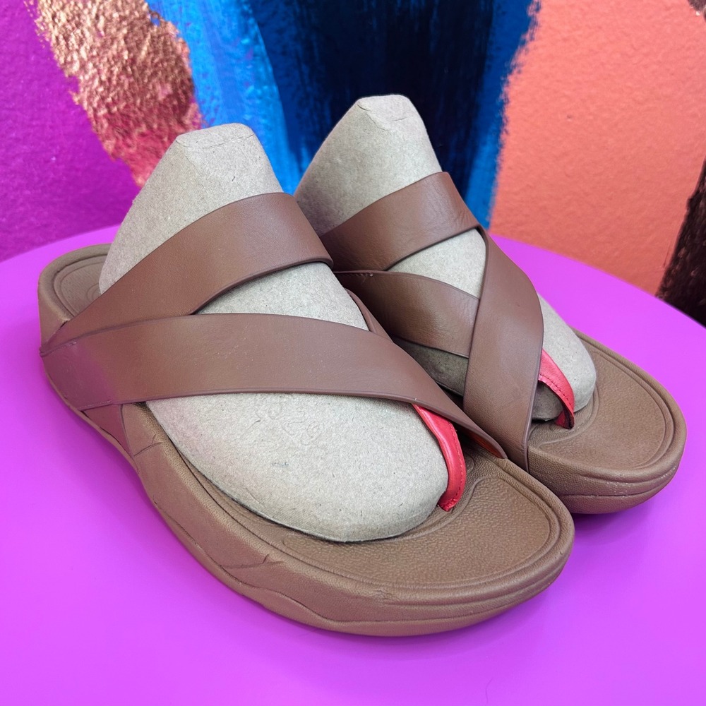 FitFlop Womens 7 Lulu Leather Cross-Strap Sandals Brown Coral 186-017 GUC
